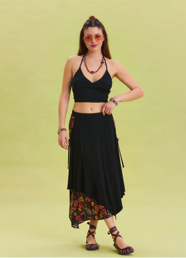 Black Skirt with Elastic Waist and Tie Detail 4519